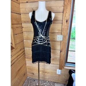 Vintage Flapper Dress Womens Small Black Gold Sequin Fringe Art Deco Gatsby Mini